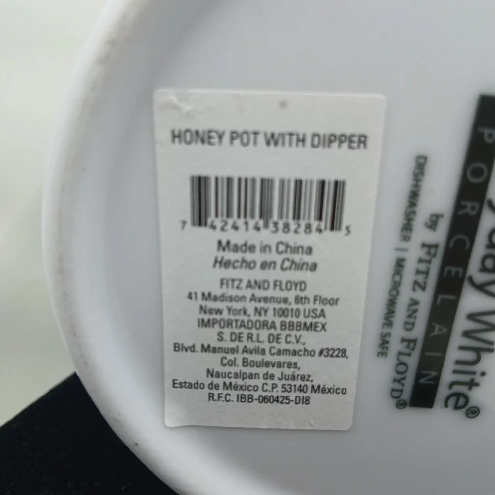 Fitz and Floyd Everyday White Honey Pot‎ with Dipper Porcelain Bee Lid Embossed